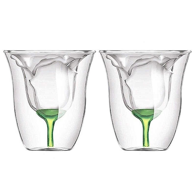 2 Pcs/lot double layer rose flower shaped glass office coffee glass cup: Default Title