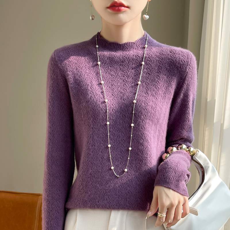 100%  damegenser i merinoull med halvhøy hals, ensfarget strikket hul genser til dame med lange ermer, sommertynn pullover