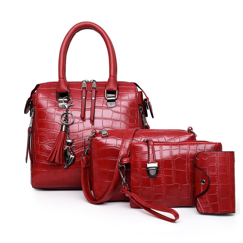 SMOOZA 4PS femmes sacs ensemble de luxe Crocodile femme sacs à main en cuir PU sacs à bandoulière gland Composite sacs sac de messager: Rouge