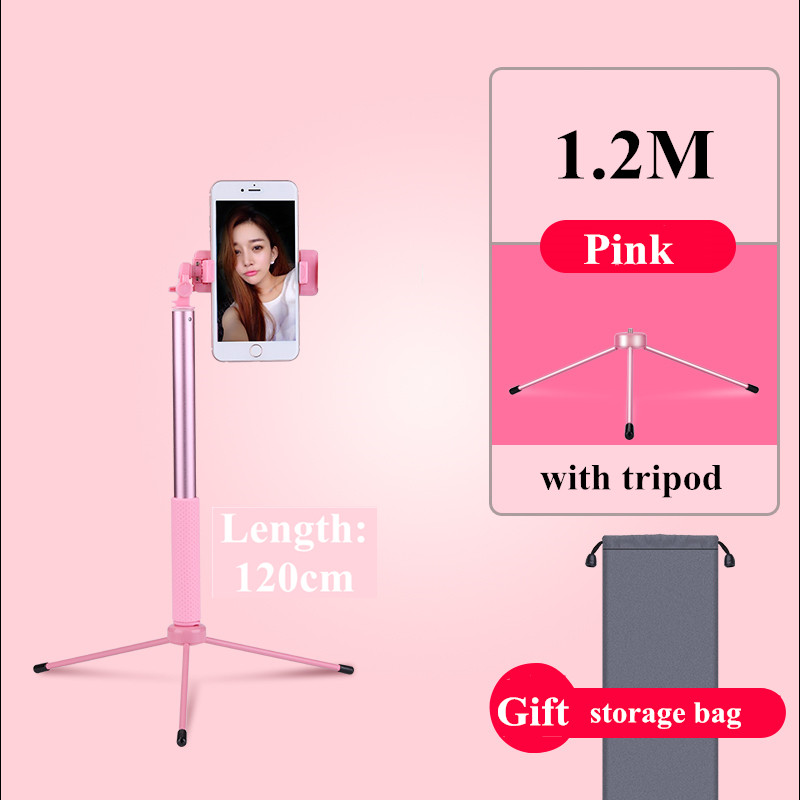 Tripé com iluminação led extensível 4 em 1, vareta para selfie, com suporte para celular, monopé, para iphone, 1.7m x 8 smartphone android,: 1.2M Pink No Light