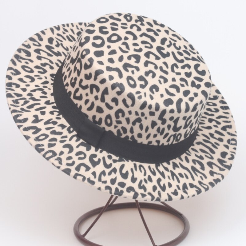 Kvinner menn leopardprint ullfilt båtlue avlet brem flat topp fedora hattemaker retro damer formell fest trilby lokk