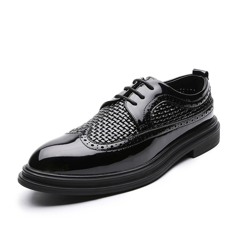 Zapatos Oxford de charol de gran brillo para Hombre Zapatos de vestir de punta de ala de trenzado zapatos negros de vestir de punta de ala
