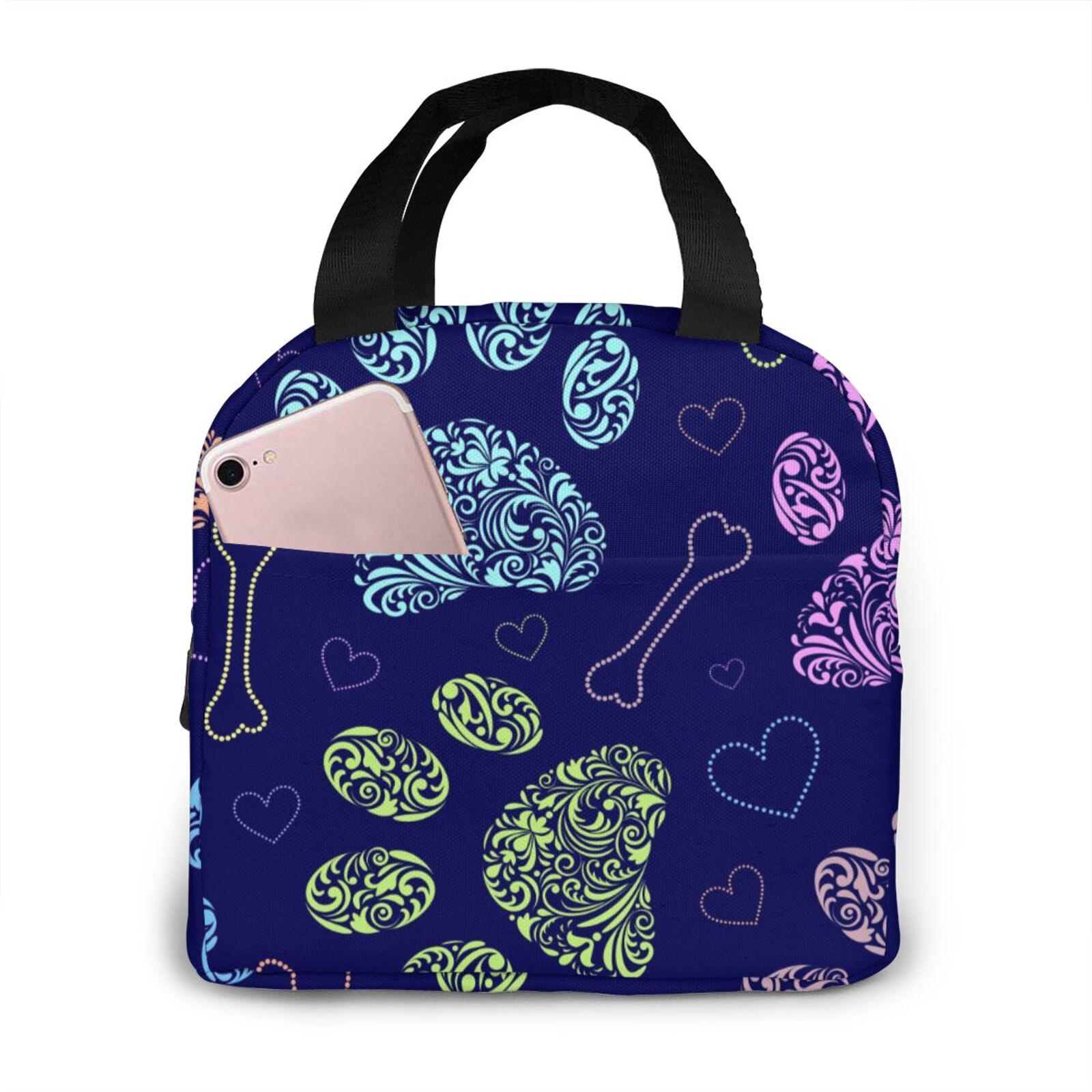 Bunte Hunde Pfoten Kühler Mittagessen Kasten Tragbare Isolierte Mittagessen Tasche Thermische Lebensmittel Picknick Mittagessen Taschen: Schwarz8