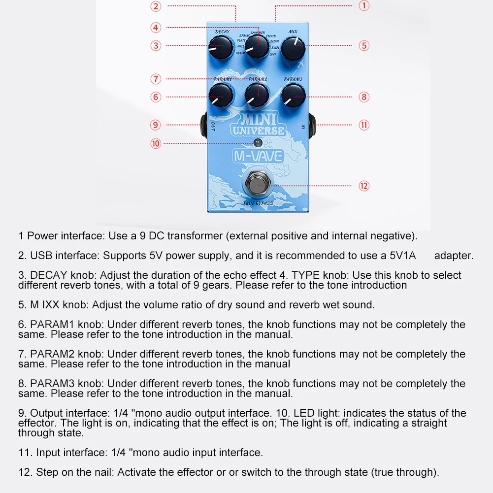M-VAVA Mini-Universe Pedal de reverberación digital Pedal de guitarra de reverberación analógica Pedal de 9 tonos de reverberación puro para música de bajo eléctrico
