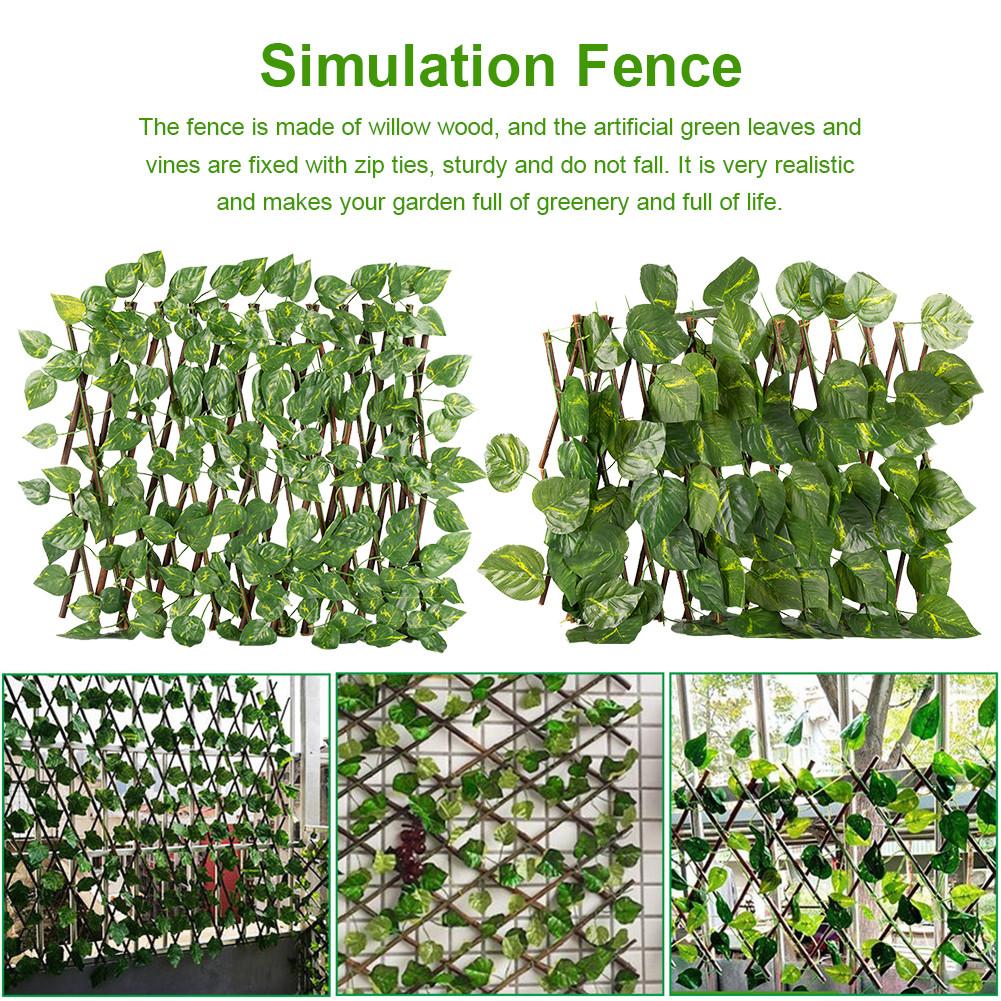 Expanding Garden Wood Fence With Artificial Green Leaf Retractable Extension Fencing For Courtyard Home Decoration