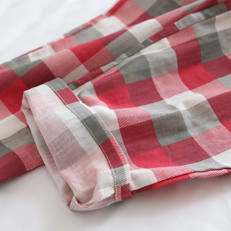 Pantalones de dormir a cuadros de gasa de algodón para hombre y mujer, Pantalón de pijama con lazo en el hogar, parte inferior, Primavera