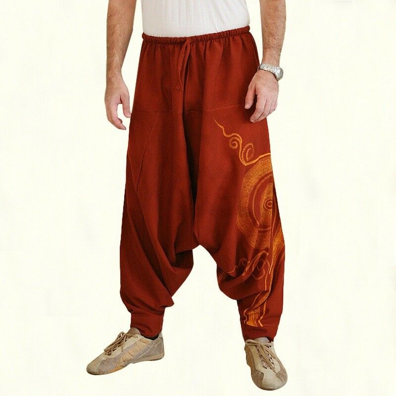 Cool Hip Hop Japanese Retro Baggy Cotton Linen Harem Pant Men Wide Leg Boho Pants Wide Leg Harem Trousers Cross-pants: Orange / M