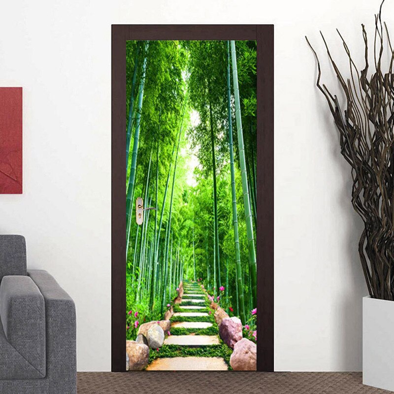 Green Forest Nature Landscape Door Sticker Living Room Bedroom Wallpaper PVC Self-Adhesive Home Decor Door Decals Wall Stickers