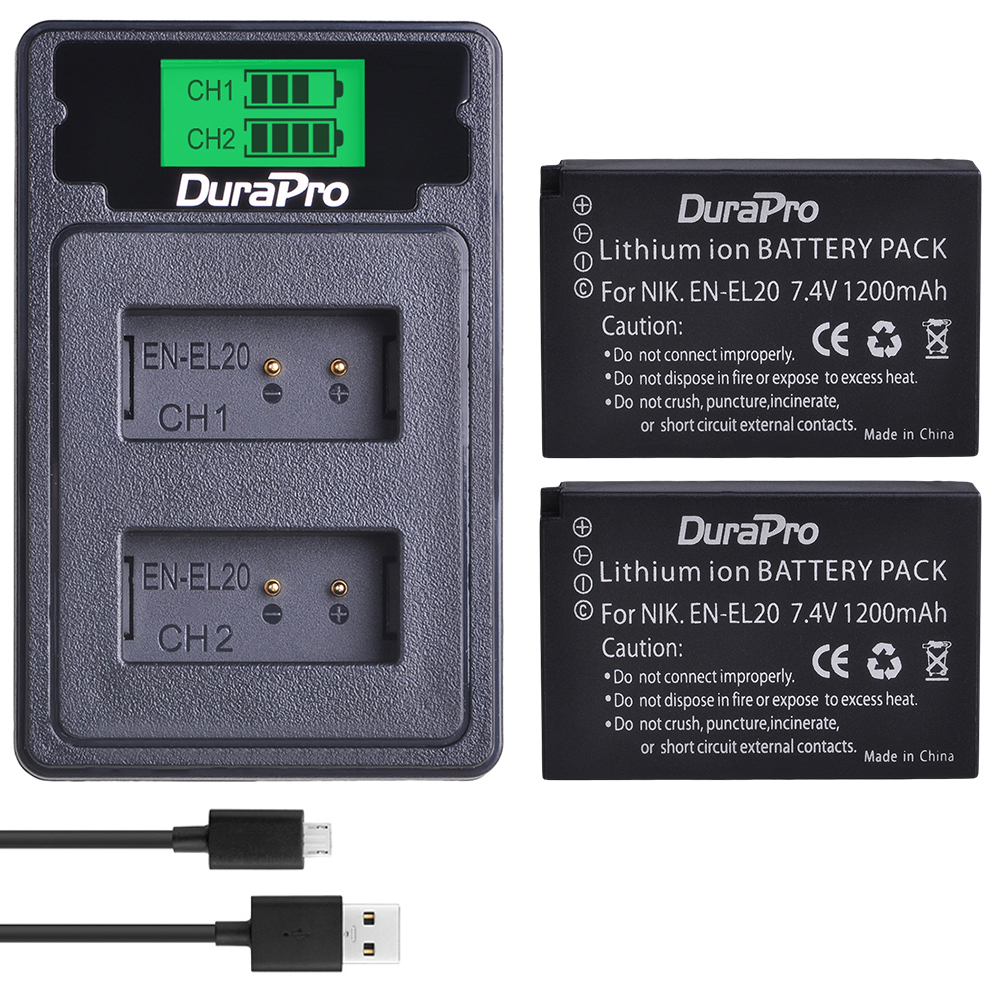 No -el20 en-el20a batteri + lcd dobbel lader for nikon coolpix  p1000, 1 j1, 1 j2, 1 j3, 1 s1, 1 v3,  coolpix a, coolpix  a 1: 2 batterier 1 lader