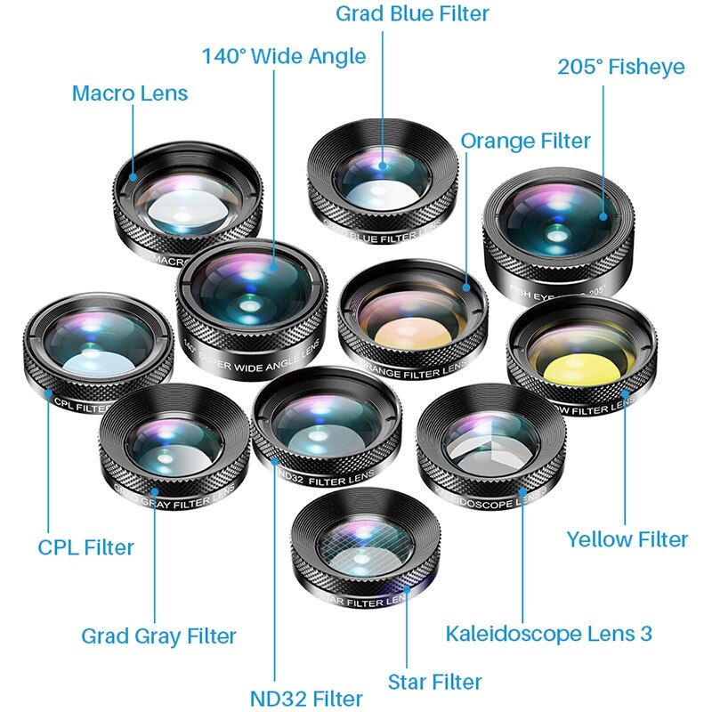 APEXEL 11 in 1 Camera Phone Lens Kit Wide Angle Macro Full Color/Grad Filter CPL ND Star Filter for iPhone Xiaomi All Smartphone