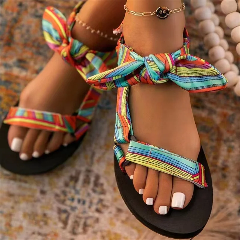 Sandales plates décontractées à lacets pour femmes, chaussures à nœud pour dames, extérieure, plage léopard, été, , 2023