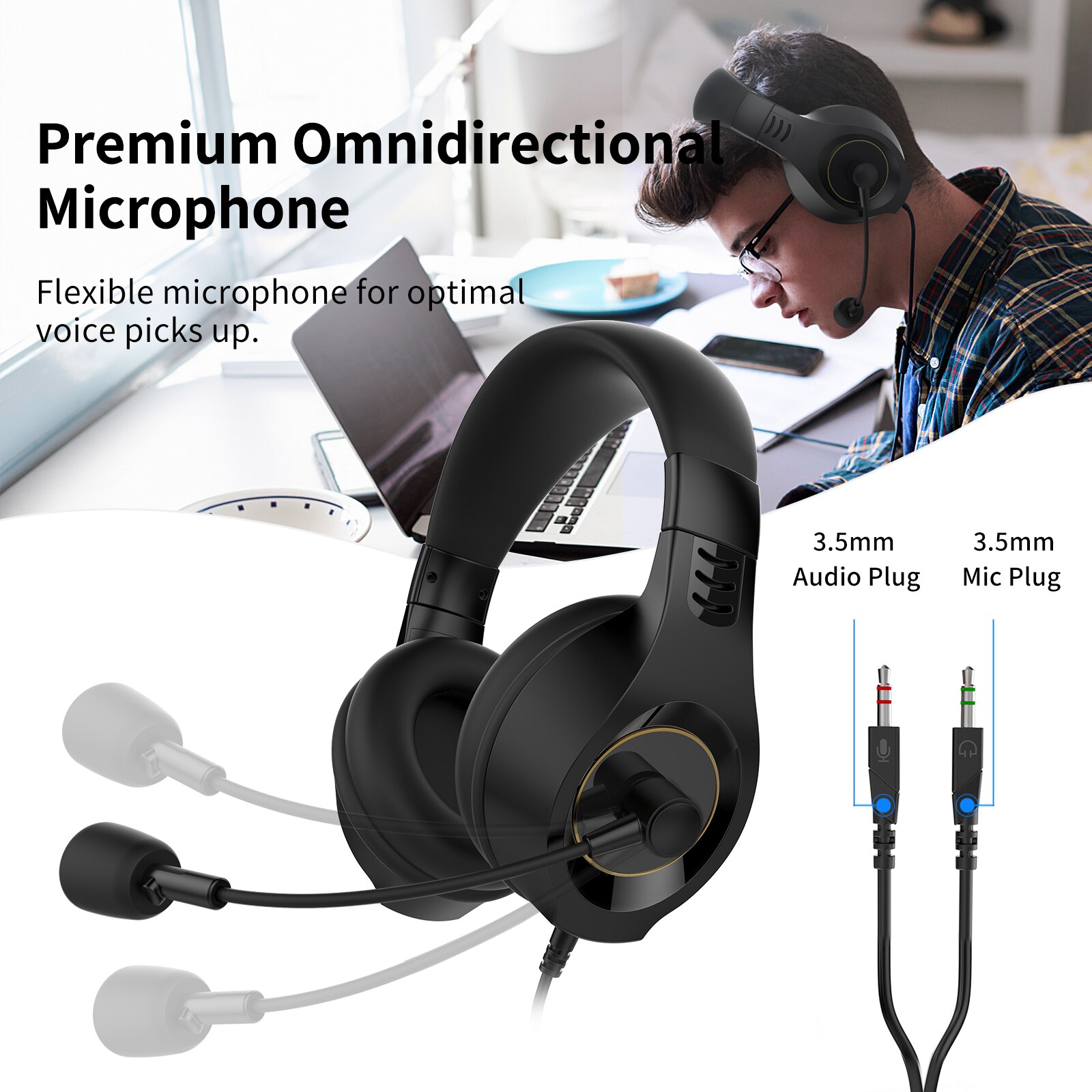 SENICC Wired Headset Headphones With Microphone 3.5mm for PC with Volume Control Soft for Call Centers Business Work E50