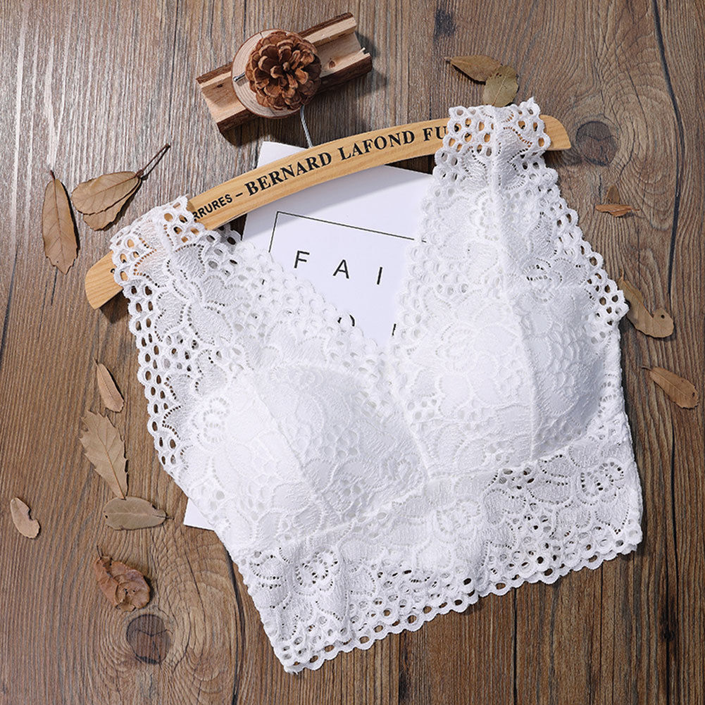 Top corto para mujeres, arnés Floral, cuello en V, bralette hueco, encaje, camisola, Tops de tubo, negro, blanco, rojo: Blanco