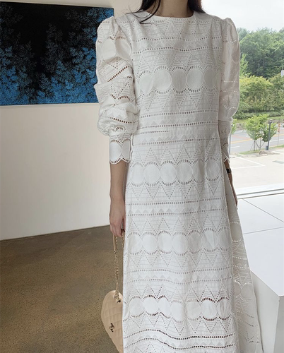 SuperAen francuski styl dworski O szyi koronki drążą stałe talii bufiaste rękawy połowy łydki sukienki dla kobiet: biały