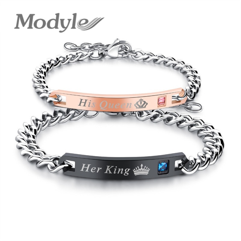 Modyle Unique for Lover &quot;His Queen&quot;&quot;Her King &quot; Stainless Steel Wedding Bracelets For Women Men