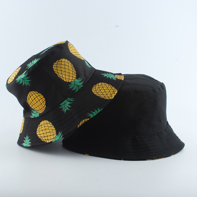 Panama bucket hat menn kvinner sommer bucket cap ananas banan trykk fisker hatt bob hiphop gorros reversibel fiske lue: Ananas svart