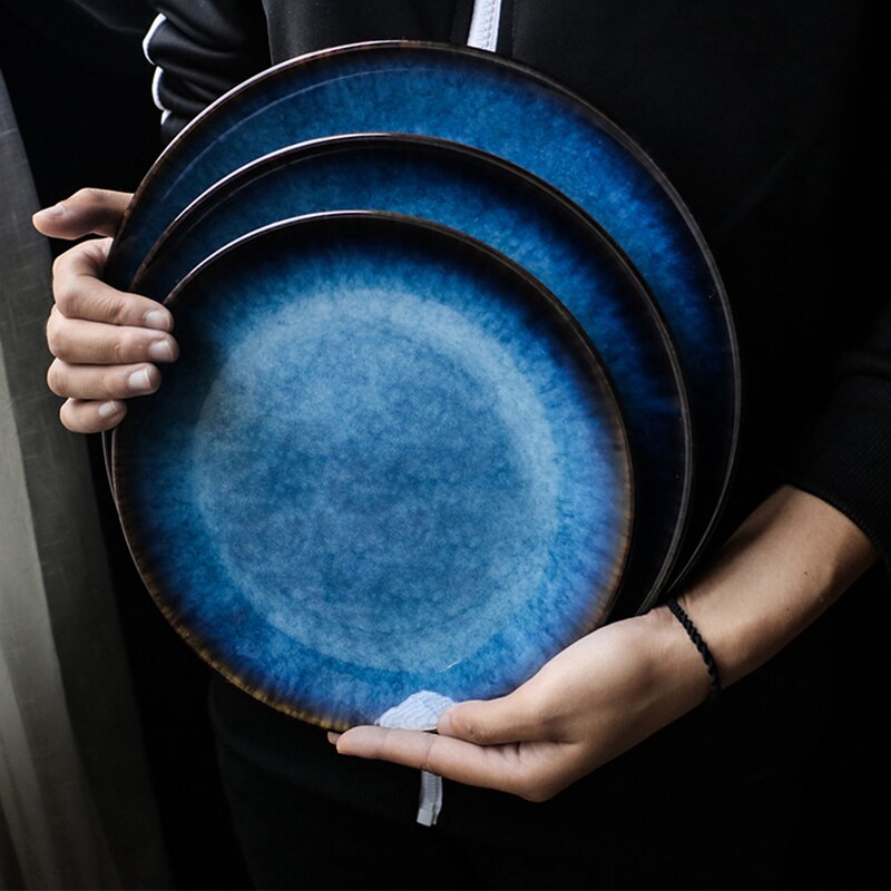 Ceramic Western Style Blue Round Flat Tray Food Steak Dinner Plate Tableware