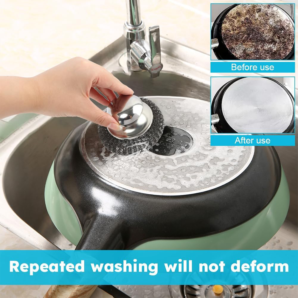 6-1Pcs Kitchen Stainless Steel Washing Brush Metal Sponge Scrubber With Handle For Dishes Pots Pans Grills Sink Cleaning Tools