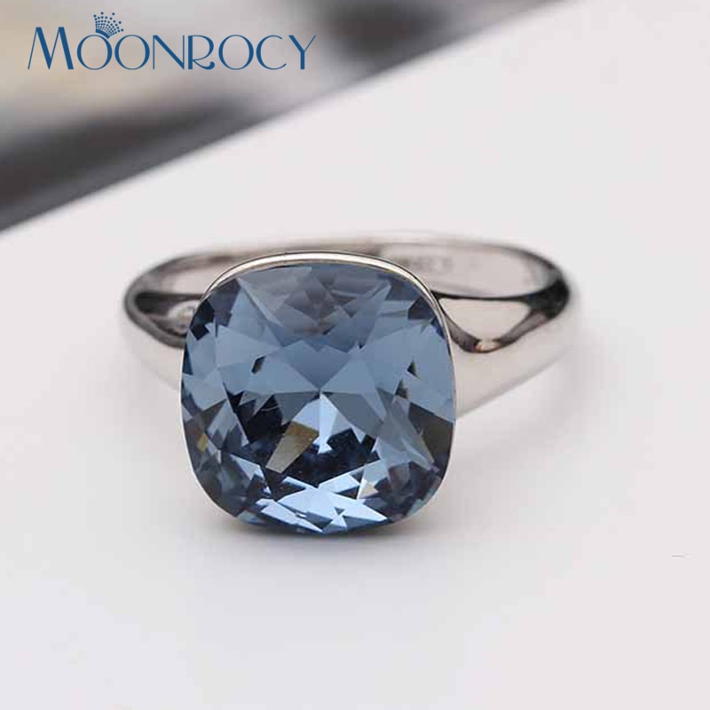 MOONROCY Silver Color Austrian Square Purple Crystal Wedding Engagement Ring for Women
