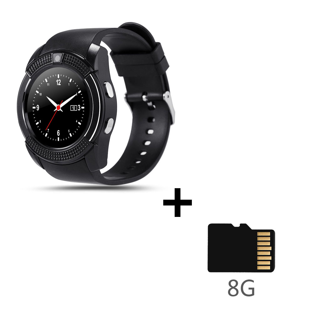 V8 montre intelligente carte sim hommes caméra arrondi réponse appel cadran appel Smartwatch android Fitness Tracker Sport: black-Add-8GB-SDCard