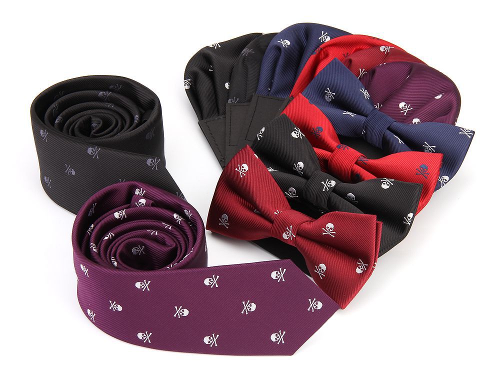 Men's tie bow tie handkerchief set skull hanky pocket square polyester bowknot butterfly wedding bowtie necktie prefold hankies