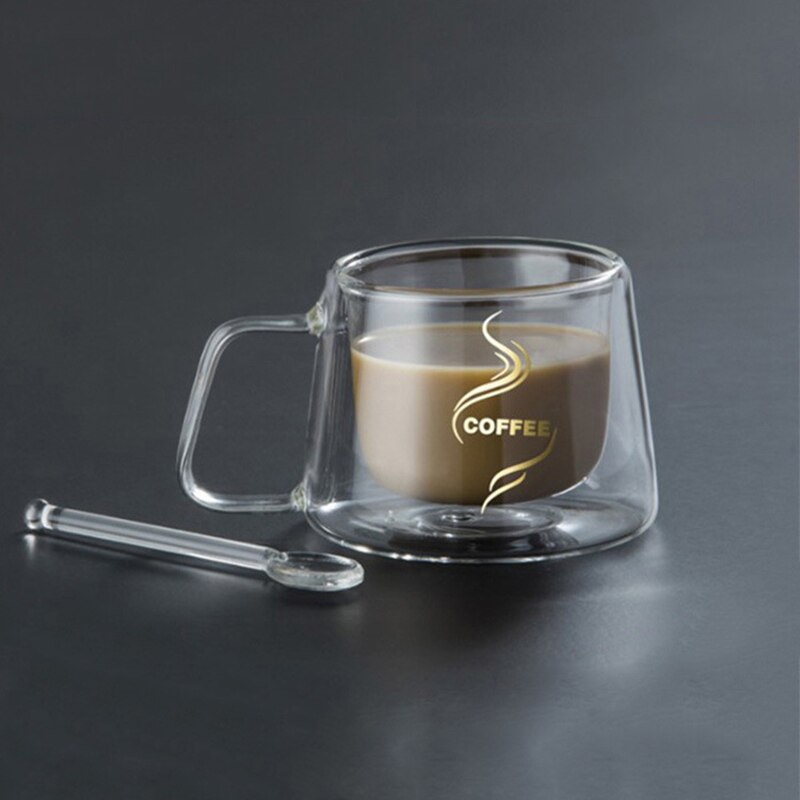 Kaffemugg espressokopp termoglas dubbelväggiga höga borosilikatmuggar xjs 789: Med en sked