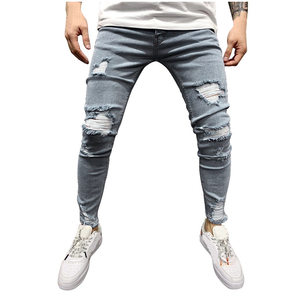 Men Stretchy Ripped Skinny Biker Embroidery Print Slim Fit Jeans Casual Summer Male Ripped Skinny Trousers Slim Biker Outwears