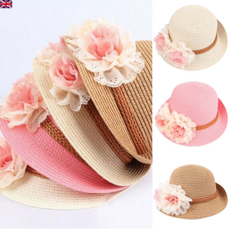 Sombreros para niños y niñas, gorro de paja con flores, transpirable, a prueba de sol, color Beige, blanco, rosa y caqui