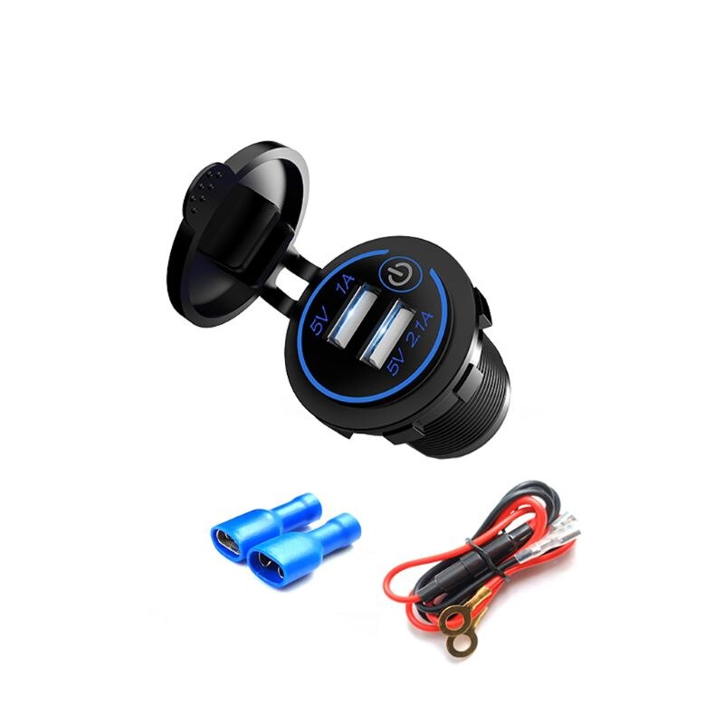 Waterdichte 12V 24V Dual USB LED Car Charger Met Touch AAN UIT Schakelaar Kabel Voor Auto Boot marine Truck Motorfiets Camper Veh: Sky Blue