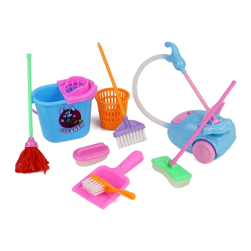 9pc/set Kitchen Home cleaning tool pretend furniture play Children toy girl kid floor brush broom housekeeping 30CM doll