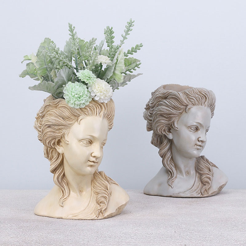 Grekisk Gudinna Huvud Blomkruka i Resin - Europeisk Retro Stil - För Sukkulenter och Bonsai