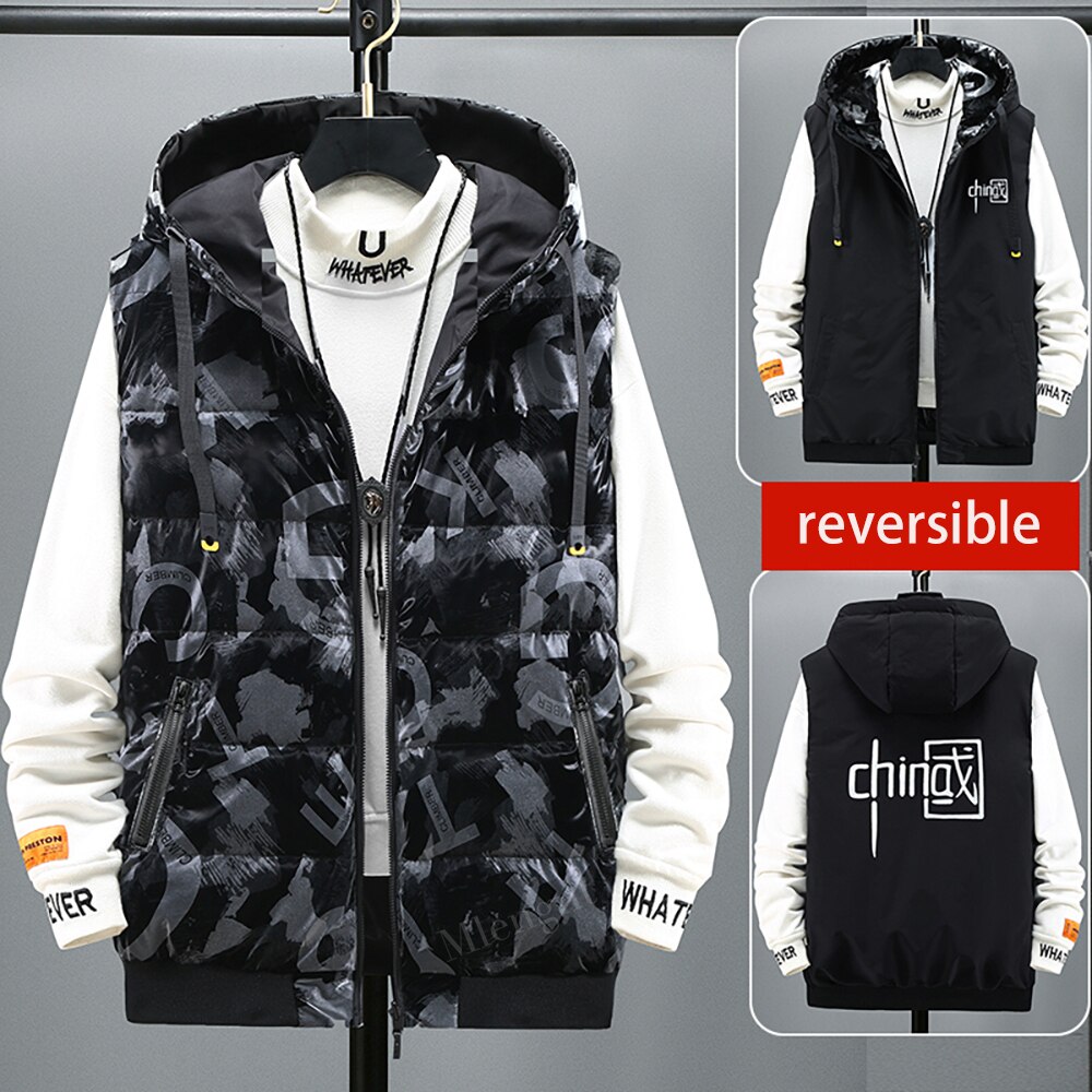 Men&#39;s Winter Vest Double-sided Sleeveless Jacket Reversible Hooded Camouflage Vest Plus Large Size 10XL Windproof Warm Waistcoat: 10XL 140-150KG