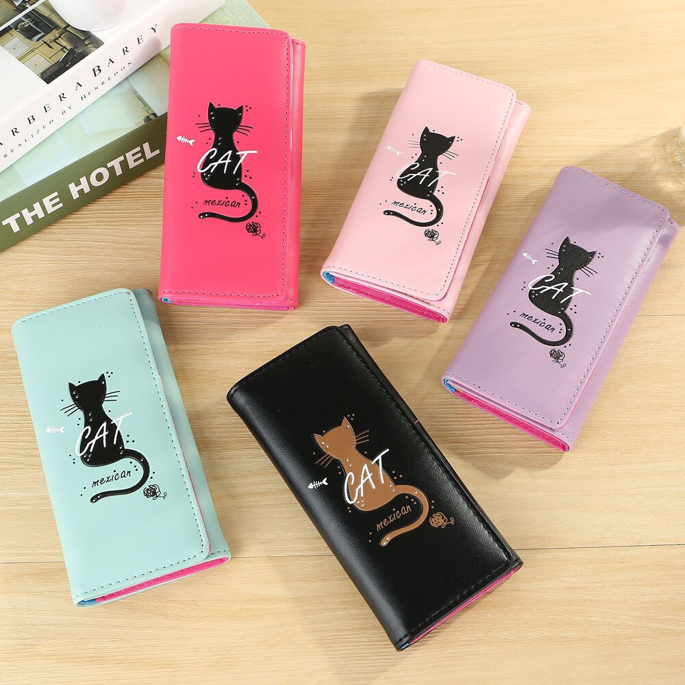 Women Simple Cat Long Wallet Coin Purse Card Holders Handbag Package Fold Pu Leather Female Coin Purse Card Holder