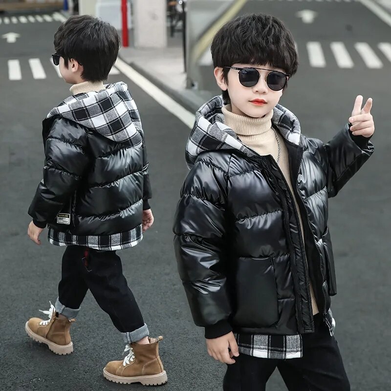 Crianças meninos para baixo jaqueta outono inverno outerwear xadrez adolescentes meninos waterpoof com capuz zíper casaco roupas das crianças 3-13y