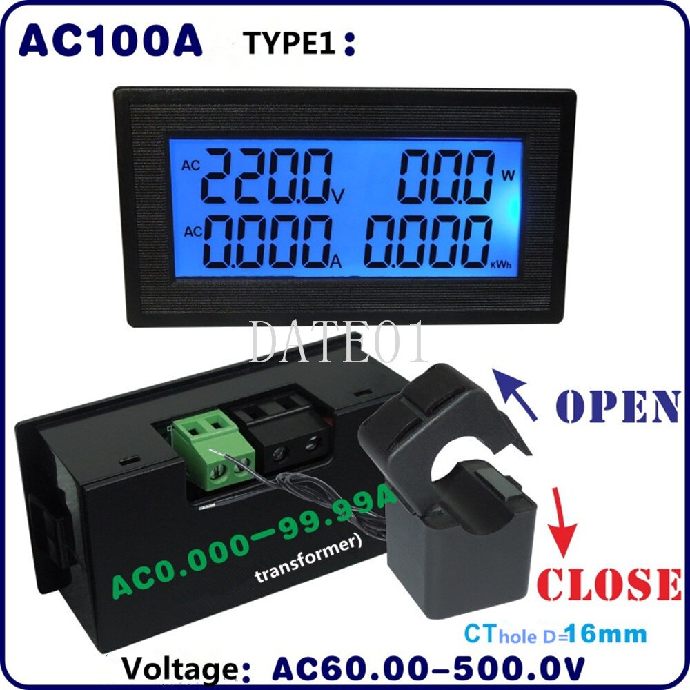 LCD Digital Multimeter AC 500V 20A 100A Frequency 45-65Hz Power Factor Meter Power Monitor