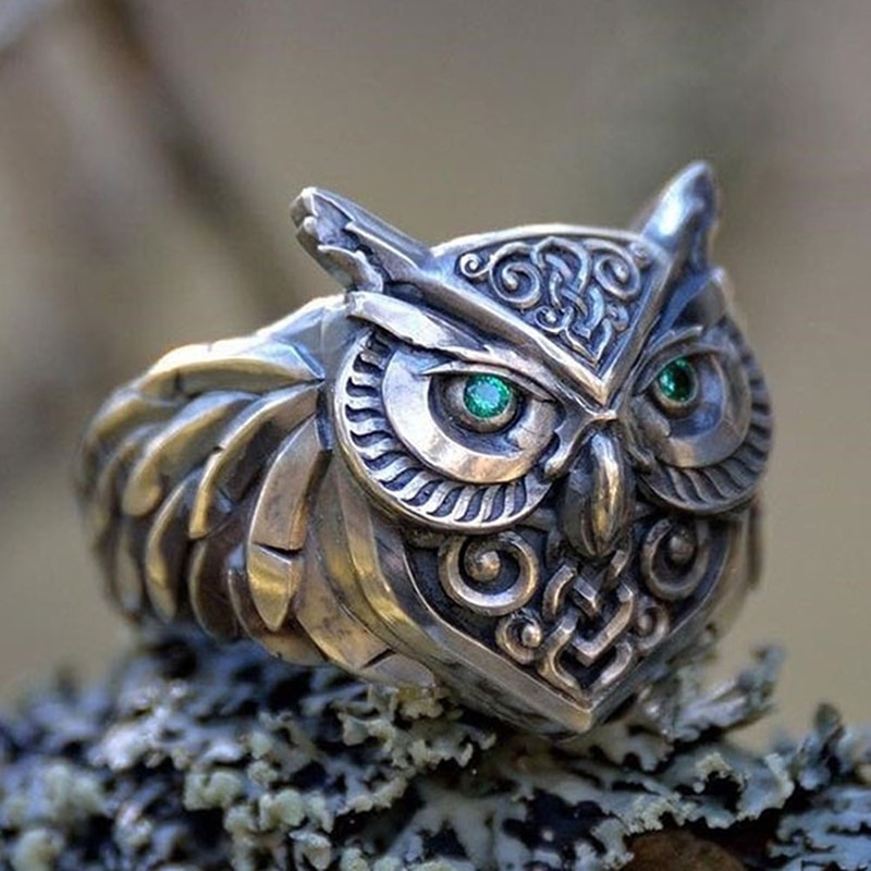 Retro grøn øjen ugle ring messing legering klassisk etnisk stil mænd og kvinder ring smykker