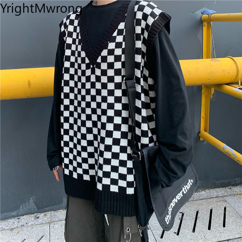 Gilet col v débardeur ample coréen femme homme Pull contraste damier Plaid gilet tricot Pull sans manches tenue automne hiver