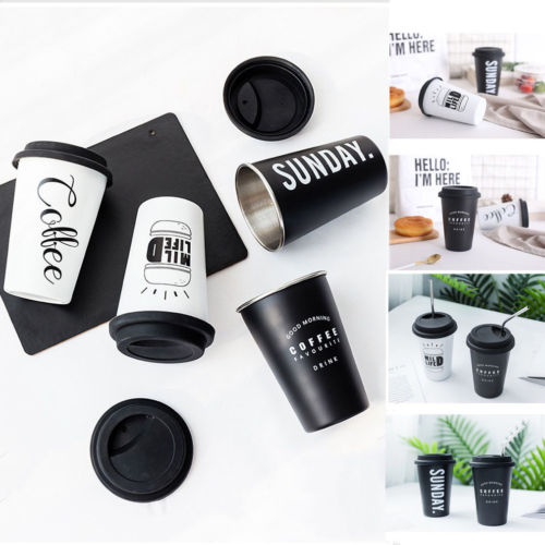 Modernas tazas reutilizables de acero inoxidable para café, con tapas tazas de té, pajitas y letras, tazas de Taza de Viaje de 500ML