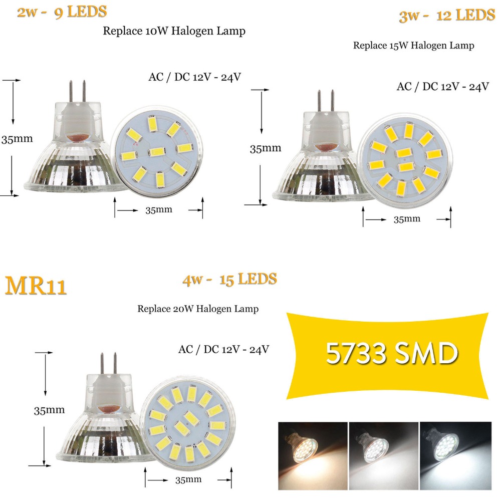 Bombilla LED MR11 AC/DC12V 24V GU4 120LM 240LM bombilla LED 9LED 12LED 15LED 5730 SMD lámpara blanca cálida/fría/Neutra reemplazar luz halógena