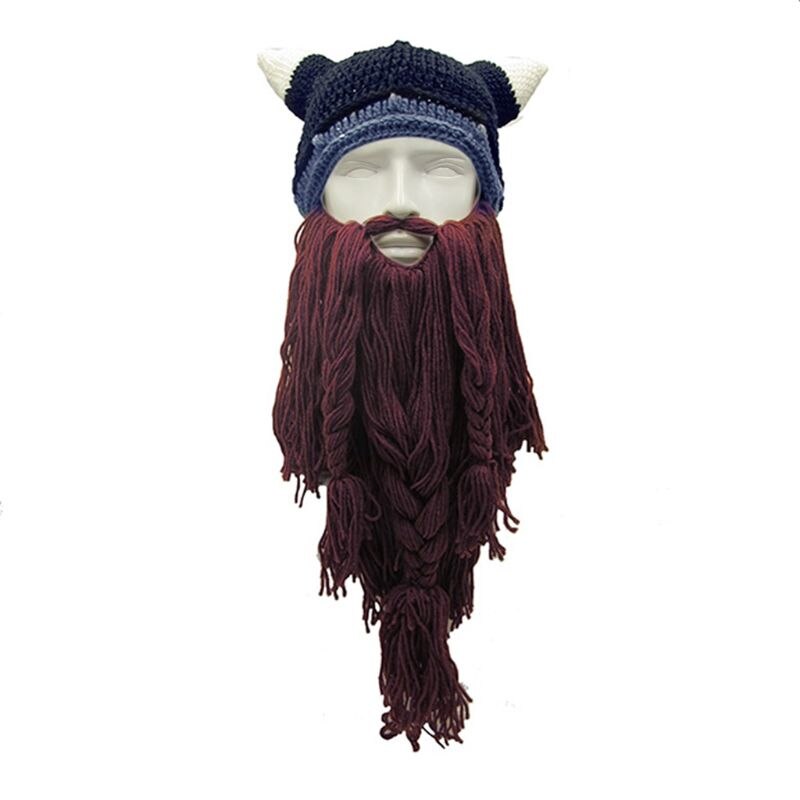 Adult Crazy Funny Halloween Cosplay Knitted Viking Beard Horn Hat Ski Mask Barbarian Vagabond Vintage Beanie Cap Winter Warmer