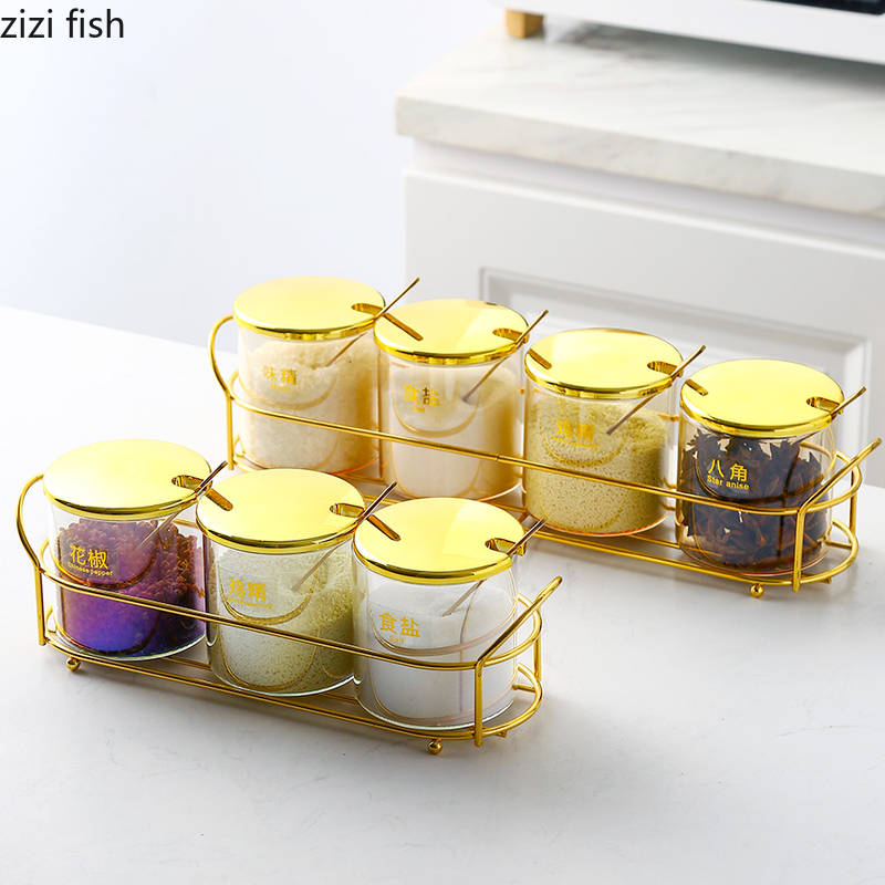 Transparent Glass Seasoning Jar with Golden Lid Household Salt Sugar Chili Jar Sealed Jam Jar Kitchen Storage Container