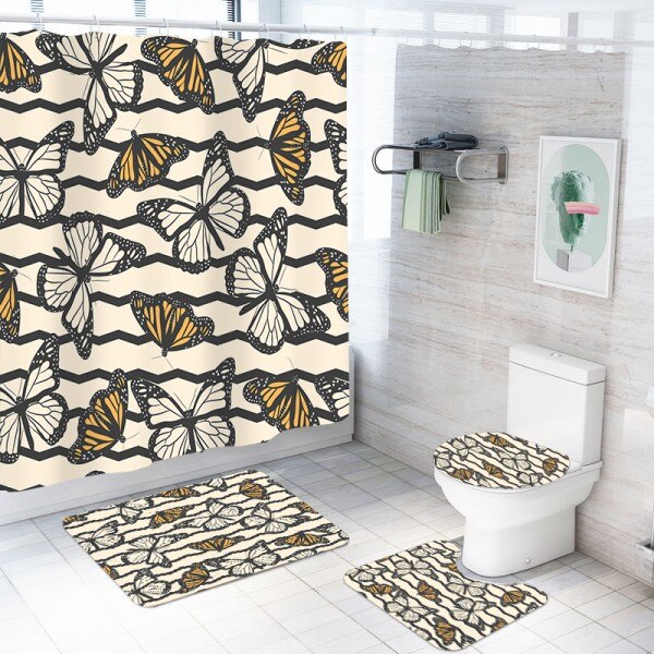 4 piezas de cortina de ducha conjunto de estera antideslizante cubierta de baño con estampado de mariposa cortina de baño de pol: color-4