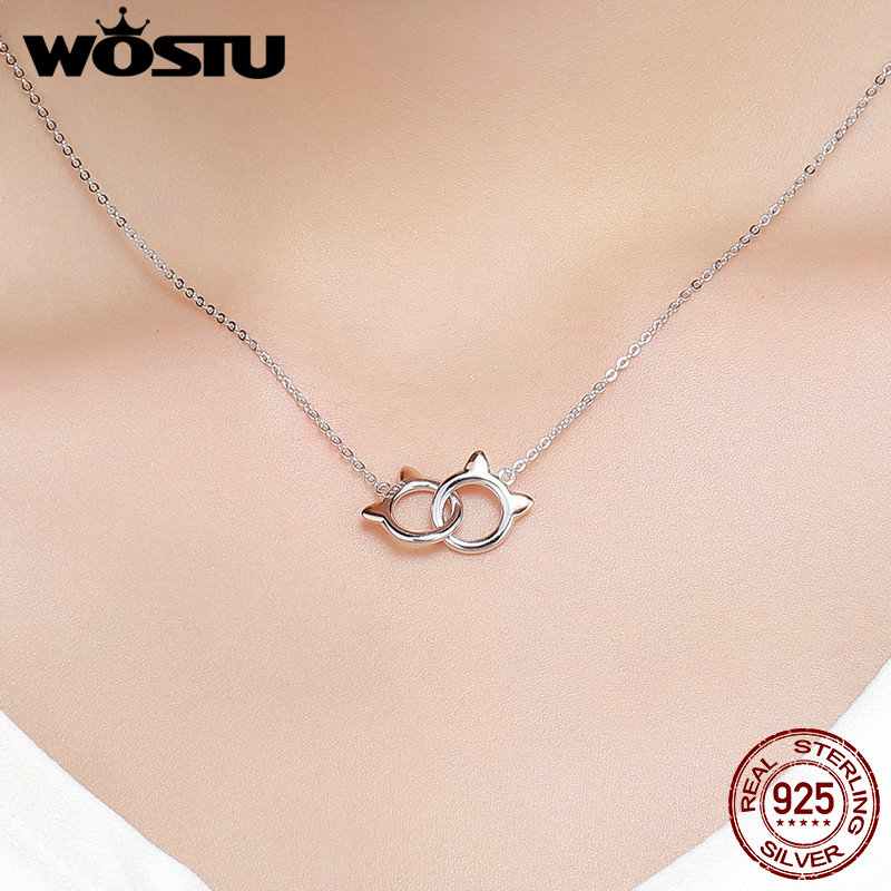 Wostu echt 925 sterling zilveren huisdier kat link hanger ketting voor vrouwen merk sieraden cqn 252