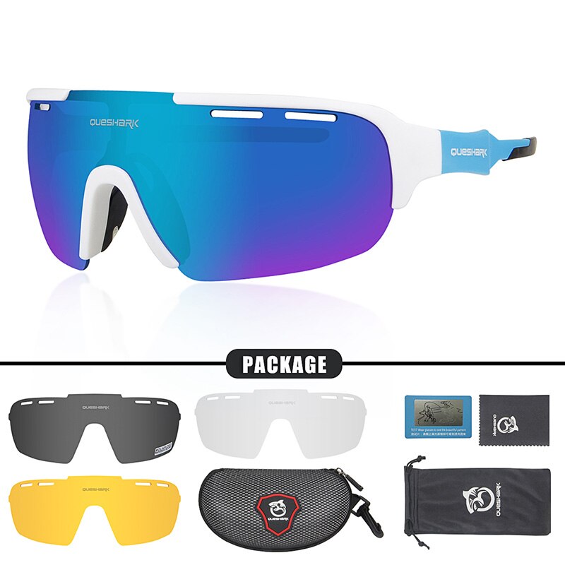 QUESHARK Fietsen Bril Gepolariseerde Fiets Bril Racing Eyewear Voor Mannen Vrouwen Sport Bril: White Blue