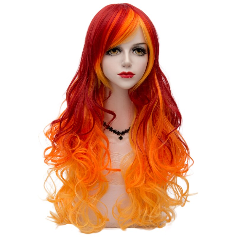 Cosplaysalon damer lolita 75cm lang krøllet orange rød mix regnbue fest paryk med pandehår syntetisk cosplay midterste del hår: Default Title