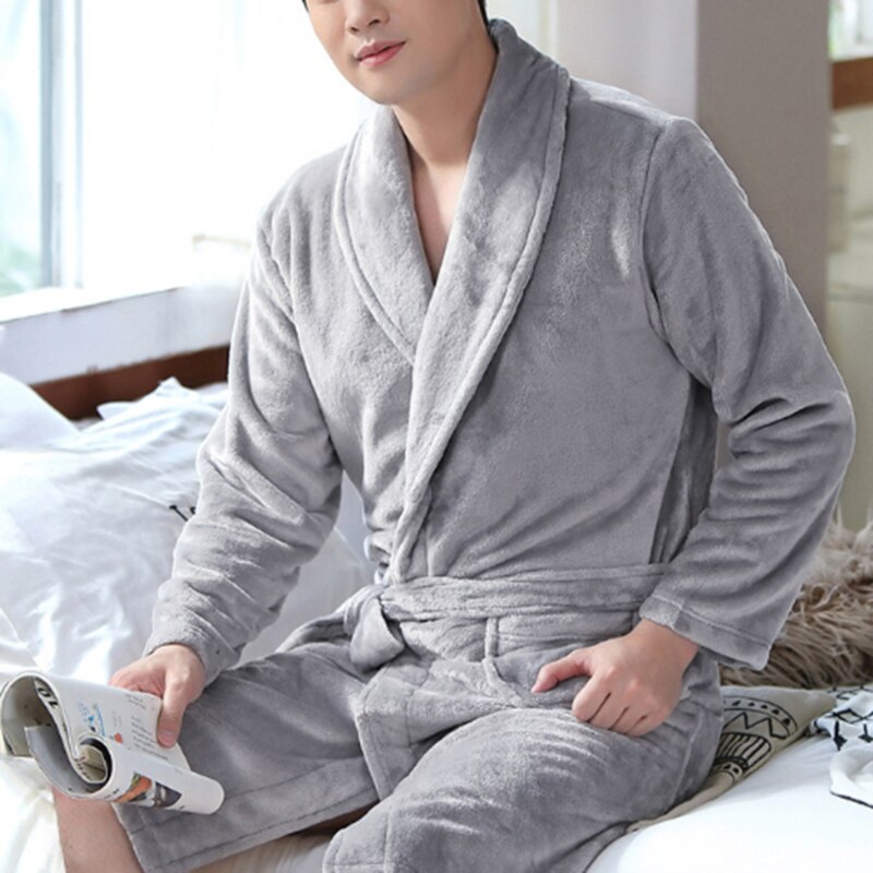Mannen Casual Wijn Rode Kimono Badjas Herfst Winter Flanel Lang Gewaad Dikker Warme Zachte Nachtkleding Nachtjapon Mannelijke Toevallige Homewear: Light Gray