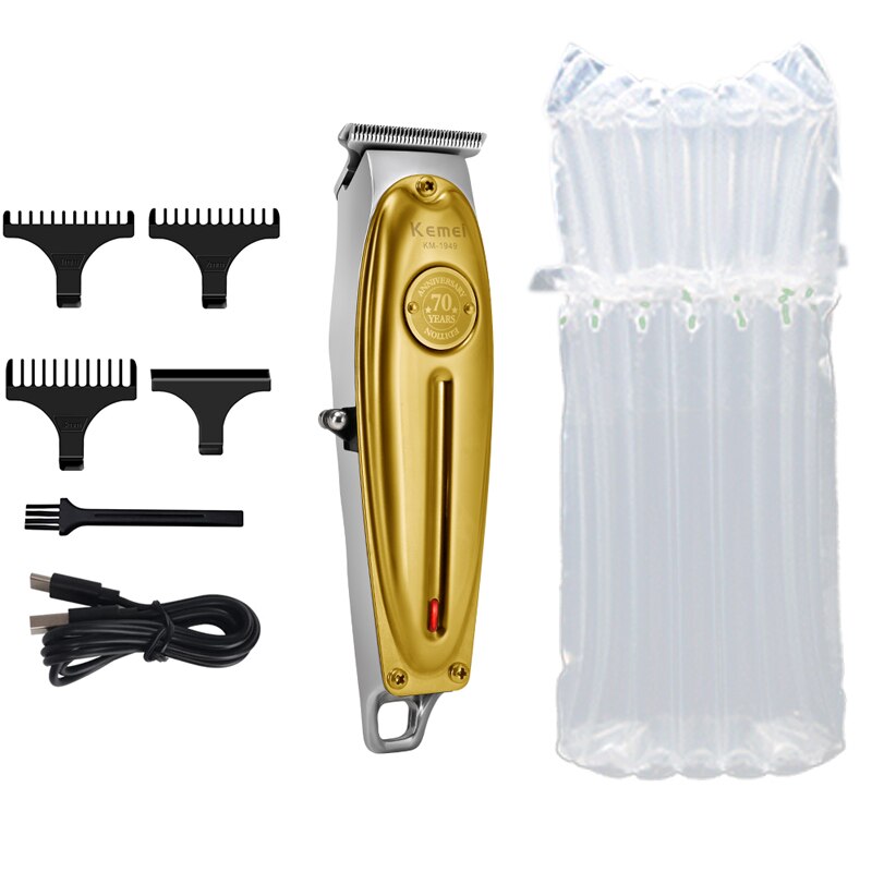 Kemei Hair Clipper All Metal Men Electric Cordless Hair Trimmer 0mm Baldheaded T Blade Finish Haircut Machine 1949: No box Gold