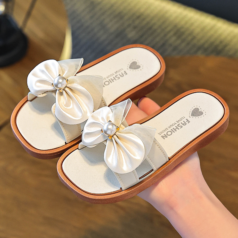mesh pearl butterfly casual spring and summer slippers for girls, indoor and outdoor beach exposed toe comfortable sandals: WHITE / 1.5