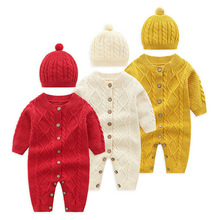 Pasgeboren Baby Meisje Jongen Sets Gebreide Knop Romper Jumpsuit Hoed 2 Stuks Herfst Winter Warme Kleding Baby Effen Outfits 0 -18M