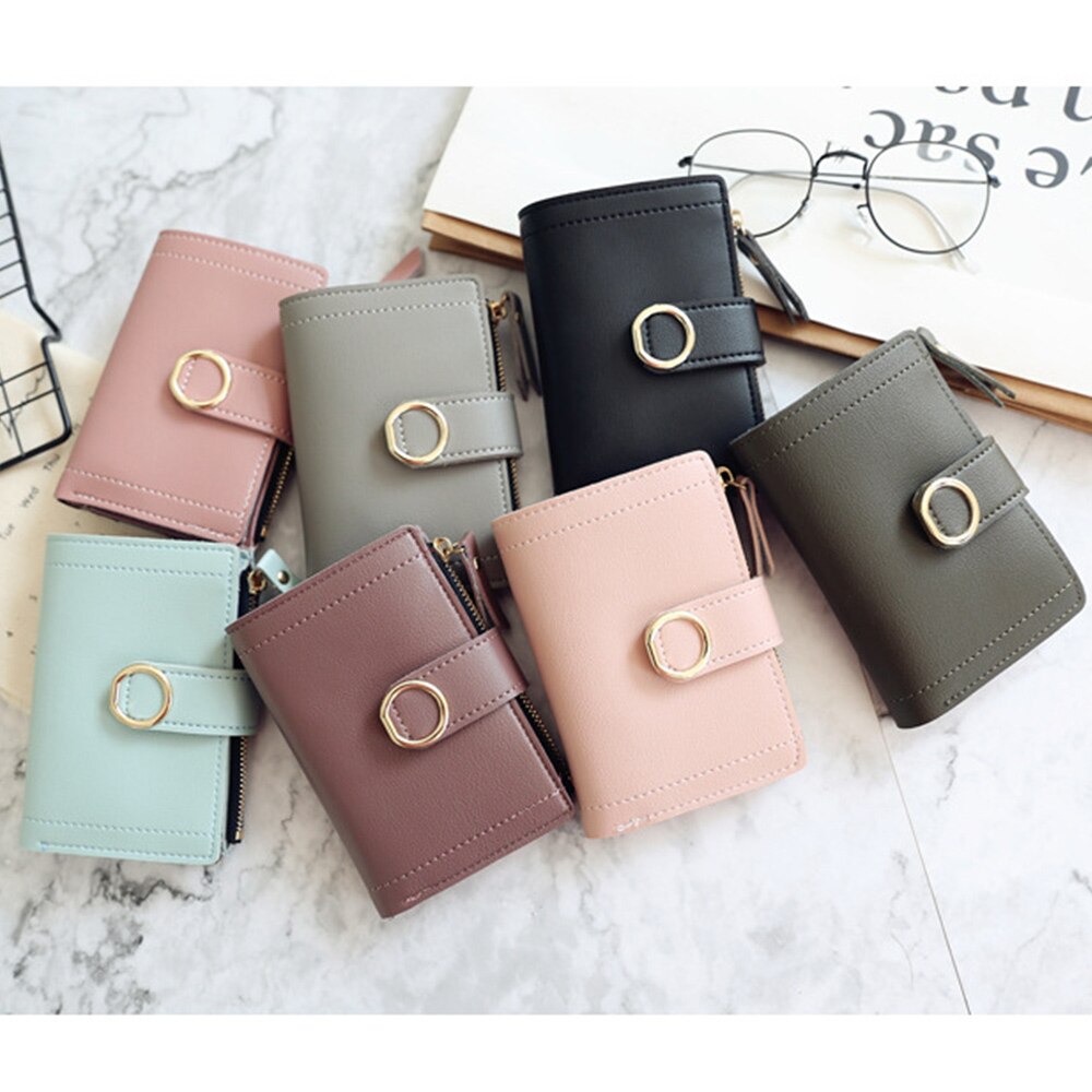 Women Leather Small Wallet Card Holder Solid Color Short Lovely Purse Zip Coin Purses Clutch Handbag Coin Purse